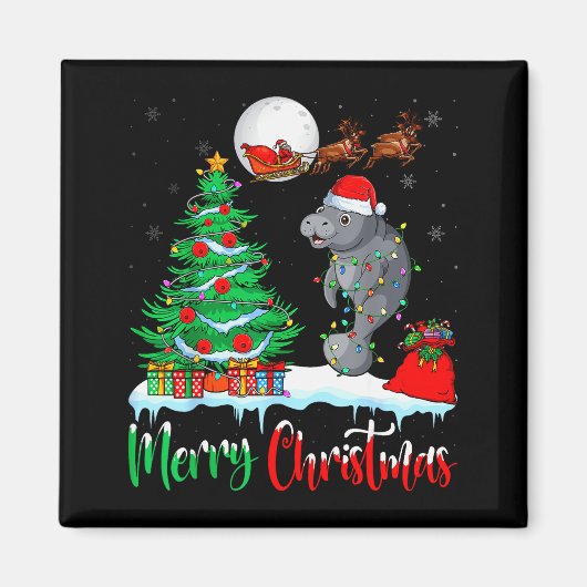 Manatee Santa Hat Xmas Tree Merry Christmas Manate マグネット (正面)
