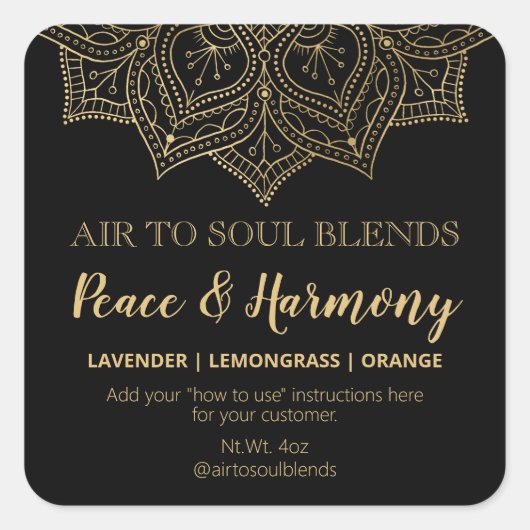 Mandala黒と金ゴールドブレンドラベル スクエアシール (正面)