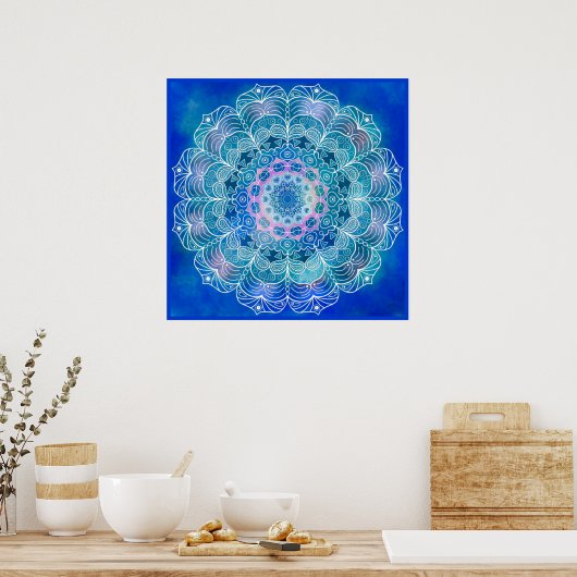Mandala 12青いティール（緑がかった色）の背景 – ポスター (キッチン)