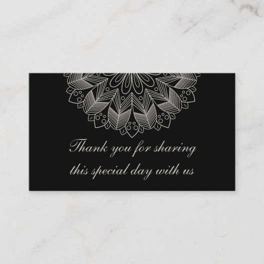 Mandala Boho Chic Indian Elegant Black Wedding  プレイスカード (正面)