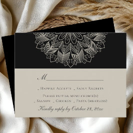 Mandala Boho Indian Elegant Black Wedding 出欠カード