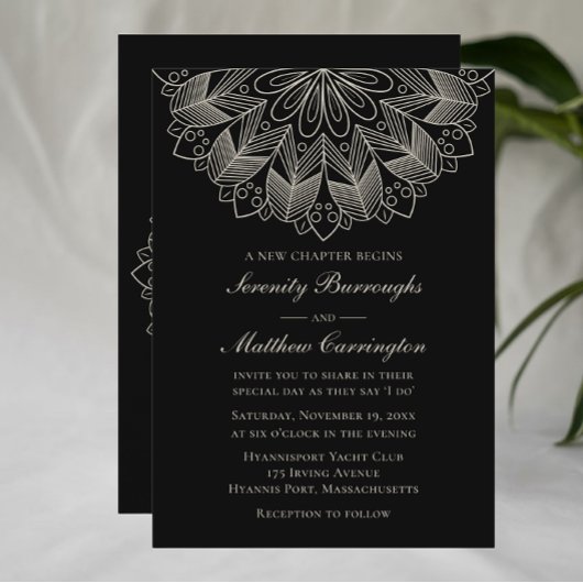 Mandala Boho Indian Elegant Black Wedding 招待状