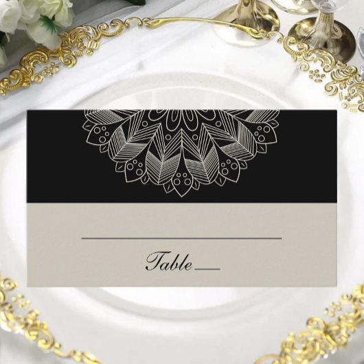 Mandala Boho Indian Elegant Black Wedding Escort プレイスカード