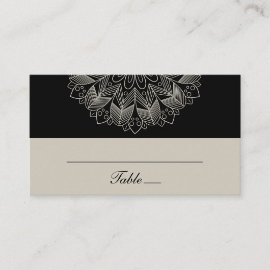 Mandala Boho Indian Elegant Black Wedding Escort プレイスカード (正面)