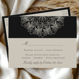 Mandala Boho Indian Elegant Black Wedding RSVP インビテーションポストカード