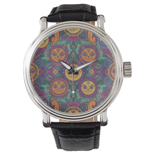Mandala Cat Art Watch 腕時計 (正面)