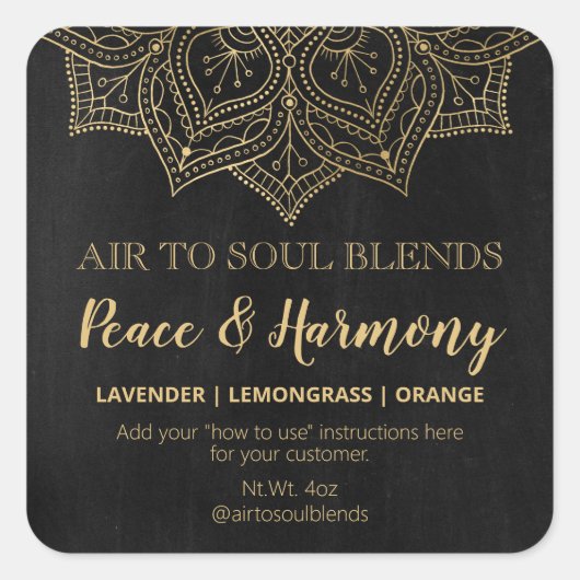 Mandala Chalkboardブラックラベルと金ゴールドブレンドラベル スクエアシール (正面)