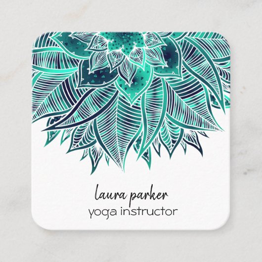Mandala Elegant Boho Paisley Floral Teal Art Yoga スクエア名刺 (正面)