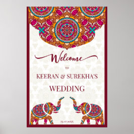 Mandala elephant Indian wedding welcome sign ポスター