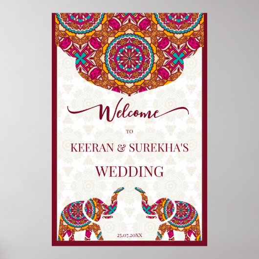 Mandala elephant Indian wedding welcome sign ポスター (正面)
