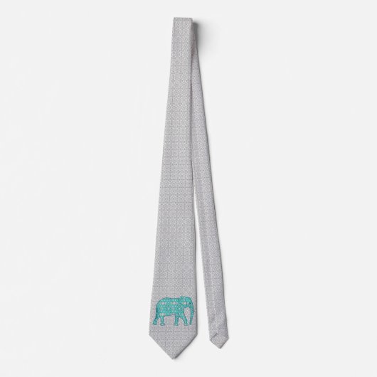 Mandala flower elephant - turquoise, grey & white ネクタイ (正面)