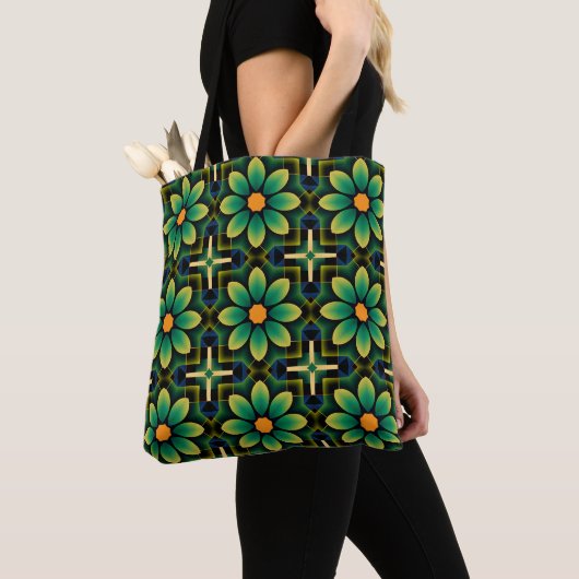Mandala Green and Yellow Floral Geometric Pattern  トートバッグ (クローズアップ)