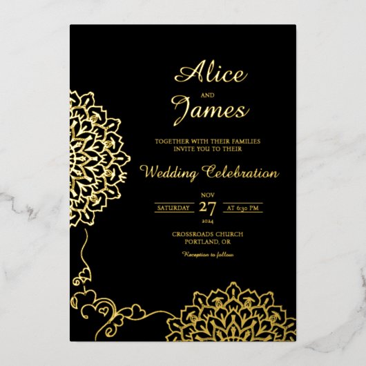 Mandala Hearts Black Gold Foil Wedding Invitation 箔招待状 (正面)