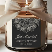  Mandala Indian Boho Black Just Married Wedding スクエアシール