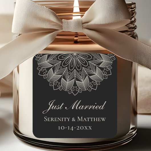  Mandala Indian Boho Black Just Married Wedding スクエアシール