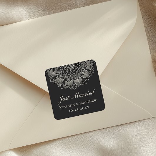  Mandala Indian Boho Black Just Married Wedding スクエアシール