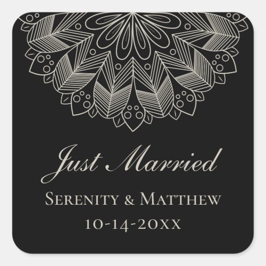  Mandala Indian Boho Black Just Married Wedding スクエアシール (正面)