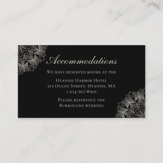 Mandala Indian Boho Black Wedding Accommodations エンクロージャーカード (正面)
