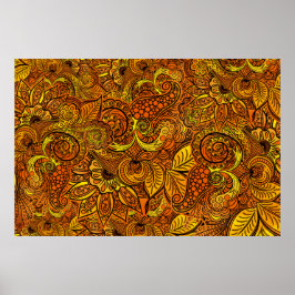 Mandala nature gold tentacles, flowers and leaves. ポスター