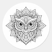 Mandala Owl Head Line Art ラウンドシール (正面)