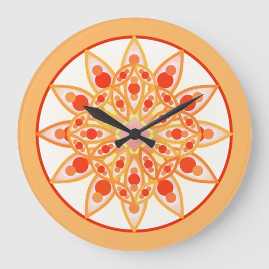 Mandala pattern in coral, orange and gold ラージ壁時計 (正面)