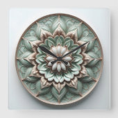 mandala style ornament soft green スクエア壁時計 (正面)