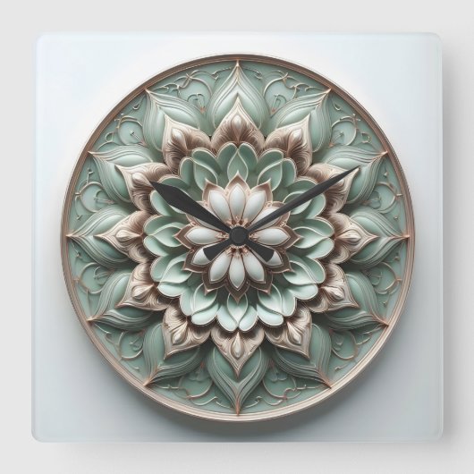 mandala style ornament soft green スクエア壁時計 (正面)