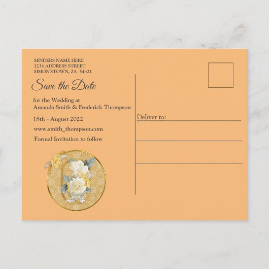 Mandalasの金ゴールド、白いバラの写真フレーム 案内ポストカード (裏面)