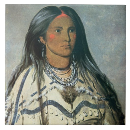 、Mandanのインドの女の子1832年「鋳造して下さい」(色のlitho) タイル (正面)