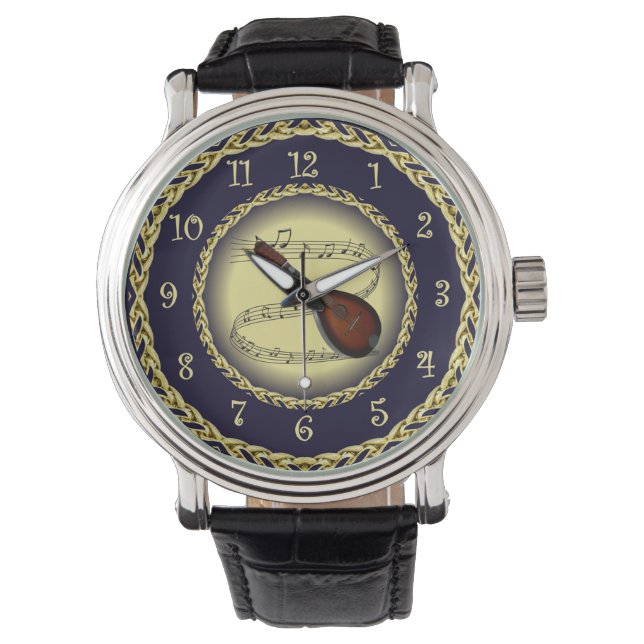 Mandolin 01 toミュージカルスクロール～金ゴールド/ネイビーブルー～ 腕時計 (正面)