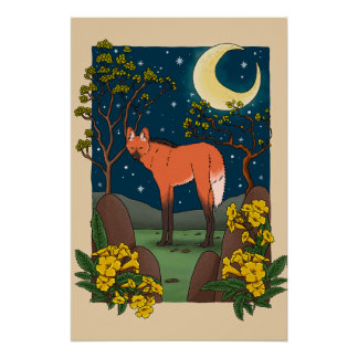 Maned Wolf and Ipe Flower Pillow - Brazilian Anima ポスター