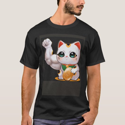 Maneki neko lucky cat gym bro pump flex swole tシャツ (正面)