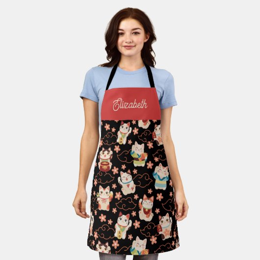 Maneki Neko Lucky Cats Personalized  エプロン (着用した状態)