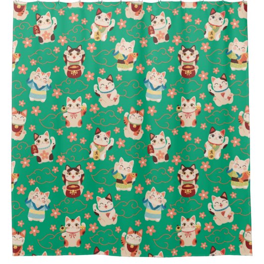 Maneki Neko Lucky Cats Shower Curtain シャワーカーテン (正面)