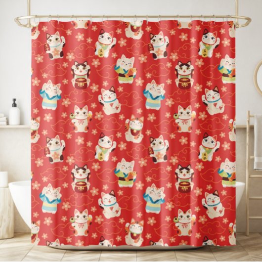 Maneki Neko Lucky Cats Shower Curtain シャワーカーテン