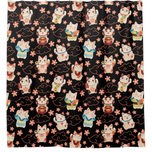 Maneki Neko Lucky Cats Shower Curtain シャワーカーテン (正面)