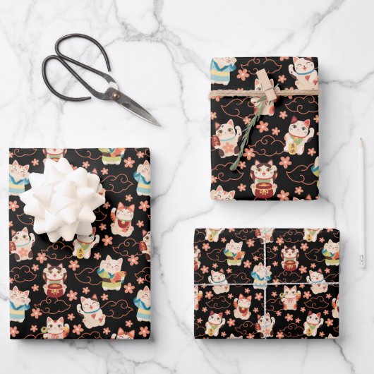 Maneki Neko Lucky Cats Wrapping Paper Set ラッピングペーパーシート (正面)