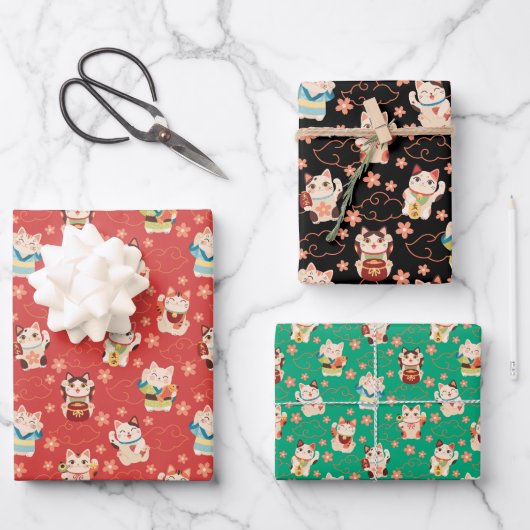 Maneki Neko Lucky Cats Wrapping Paper Set ラッピングペーパーシート (正面)