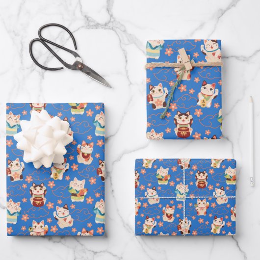 Maneki Neko Lucky Cats Wrapping Paper Set ラッピングペーパーシート (正面)