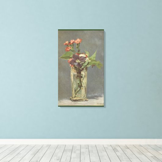 Manetによるクリスタルの花瓶のカーネーションとクレマティス キャンバスプリント (インサイチュ (ウッドフロア))