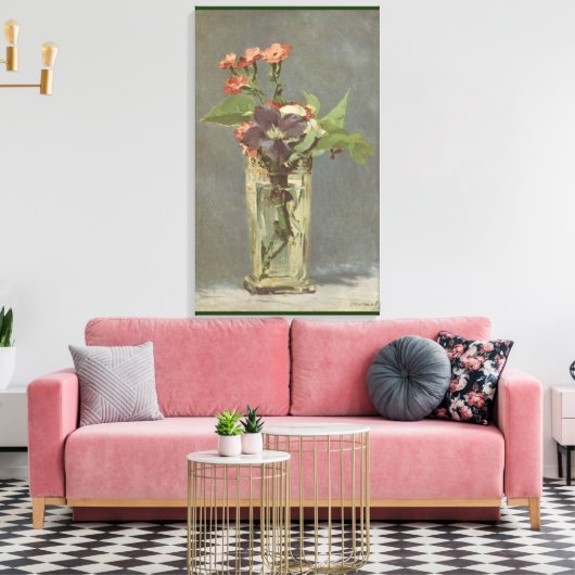 Manetによるクリスタルの花瓶のカーネーションとクレマティス キャンバスプリント (インサイチュ (リビング))