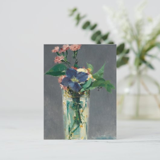 Manetによるクリスタルの花瓶のカーネーションとクレマティス ポストカード (スタンド正面)