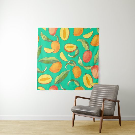 Mango. Seamless pattern with yellow and red tropic タペストリー (インサイチュ(横))