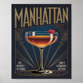 Manhattan Cocktail Art Deco Navy Blue Bar ポスター