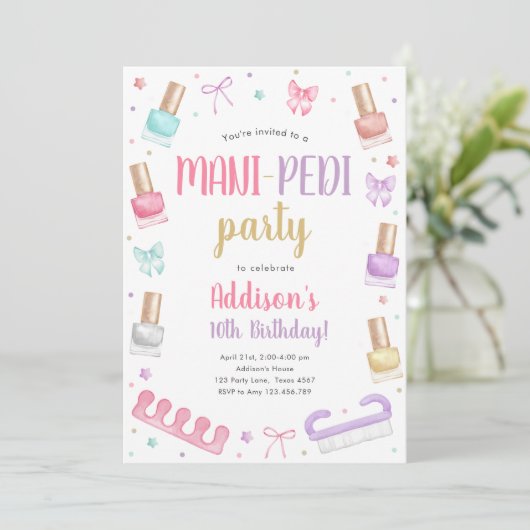 Mani-Pedi Party Manicure and Pedicure Bow Birthday 招待状 (スタンド正面)