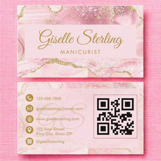 Manicurist Blush Pink Gold Agate QR Code 名刺