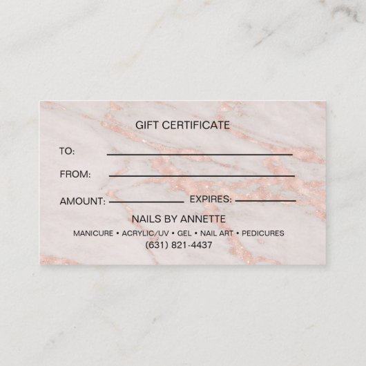 Manicurist Nail Tech Rose Marble Gift Certificate  名刺 (裏面)