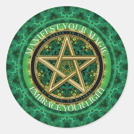 Manifest Your Magic Golden Pentacle Nature Green ラウンドシール (正面)
