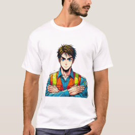 Männer Basic T-Shirt mit Manga-Sicherheitsfachmann Tシャツ