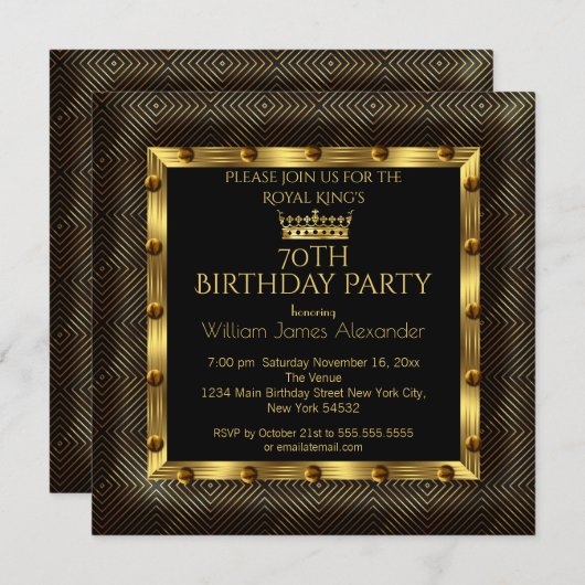 Mans写真70th誕生日パーティークラウン金ゴールドシェブロン 招待状 (正面/裏面)